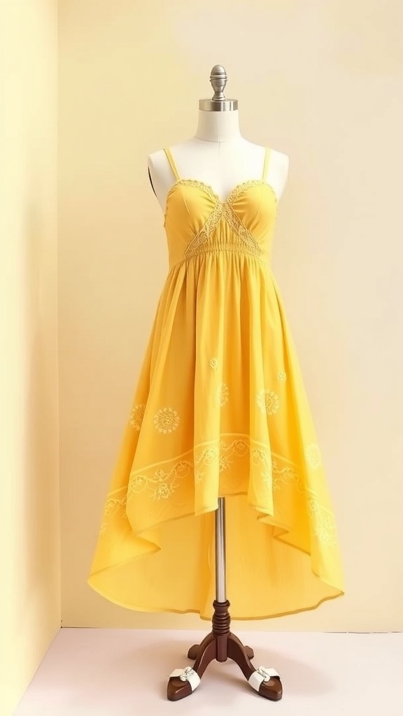 A cheerful butter yellow sundress on a mannequin with white sandals, set against a pastel background.